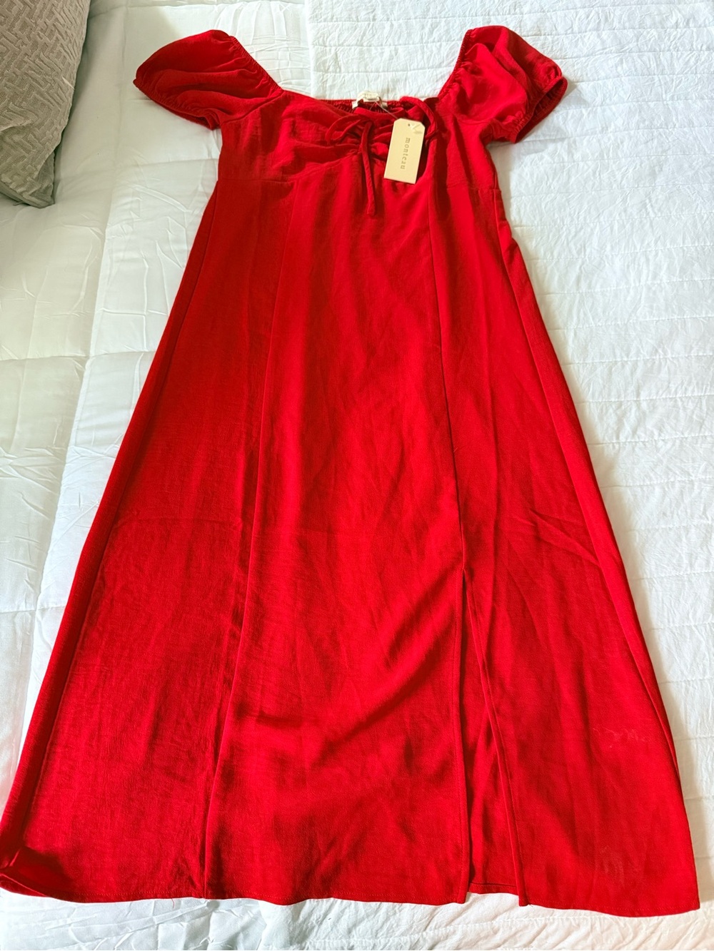 Monteau Red Drawstring Top with Gathered Neckline